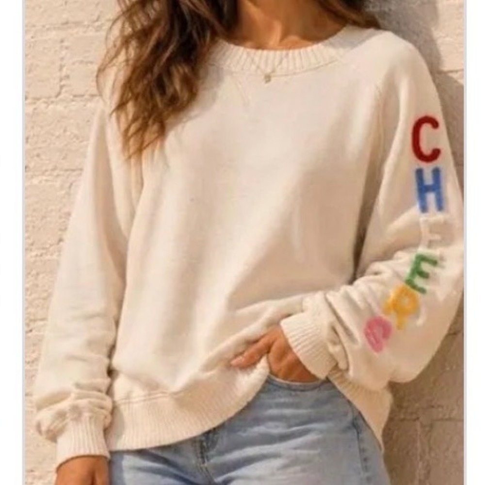 Aerie Cheers Rainbow Chenille Sleeve Oversized Sweatshirt Cream XS